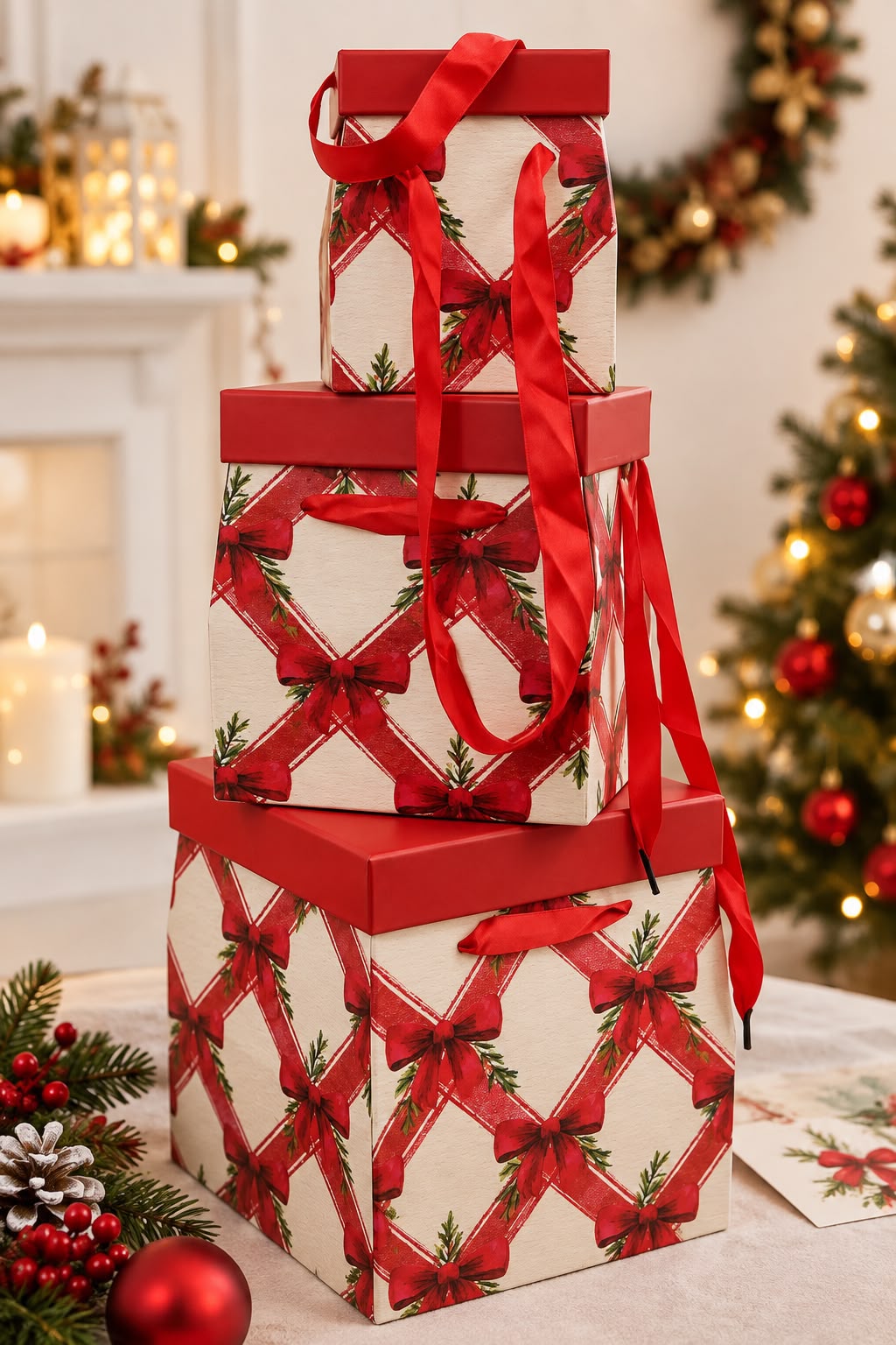Red Bow Christmas Gift Box Trio